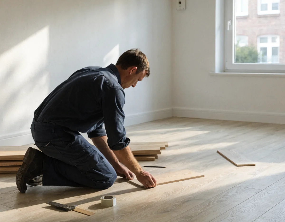 Handwerker verlegt hellen Vinyl-Designboden in einem hellen Raum