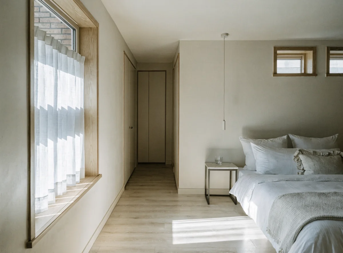 Frisch renoviertes Schlafzimmer mit glatten Wänden
