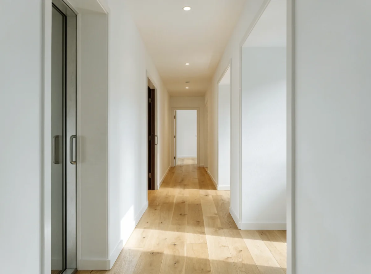 Renovierter Flur mit neuem Boden und Spots