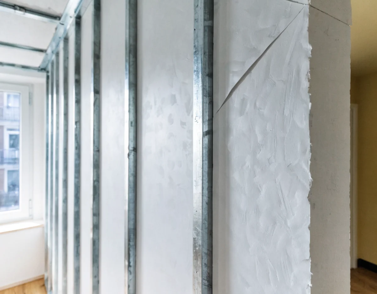 Frisch montierte Trockenbauwand mit Metallständerwerk