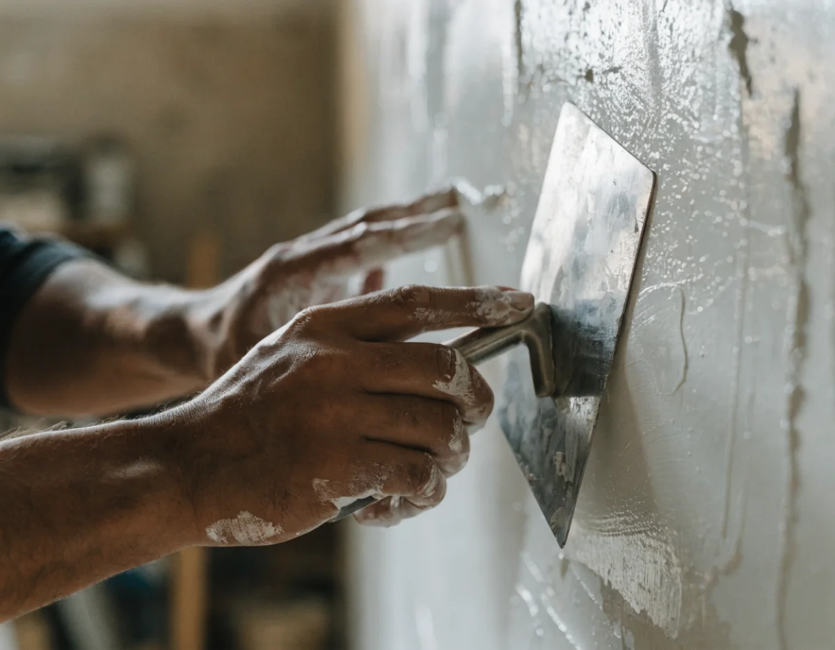 Handwerker zieht frischen Putz mit der Glättkelle an einer Wand glatt